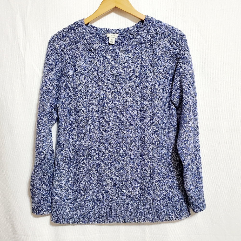 L.L. Bean Cable Knit Sweater Crew Neck Marled Blue Cotton XL